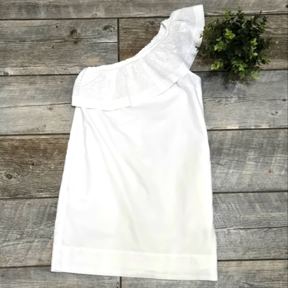 J. Crew Factory White Eyelet Ruffle One-Shoulder Mini-Dress, Size 0